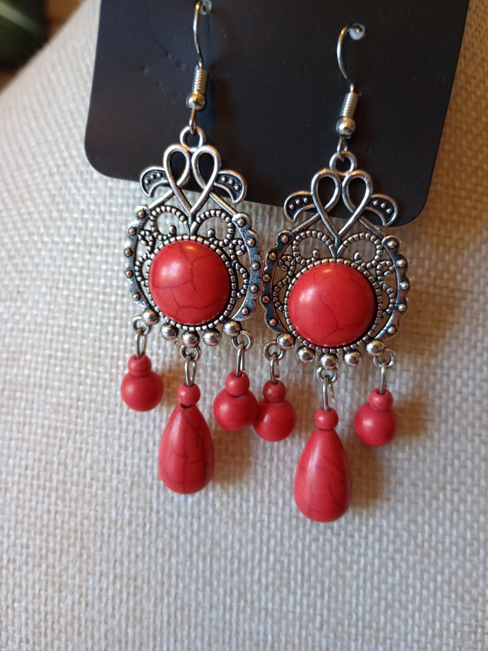 paparazzi Red Boho Dangle Earrings with Silver Filigree